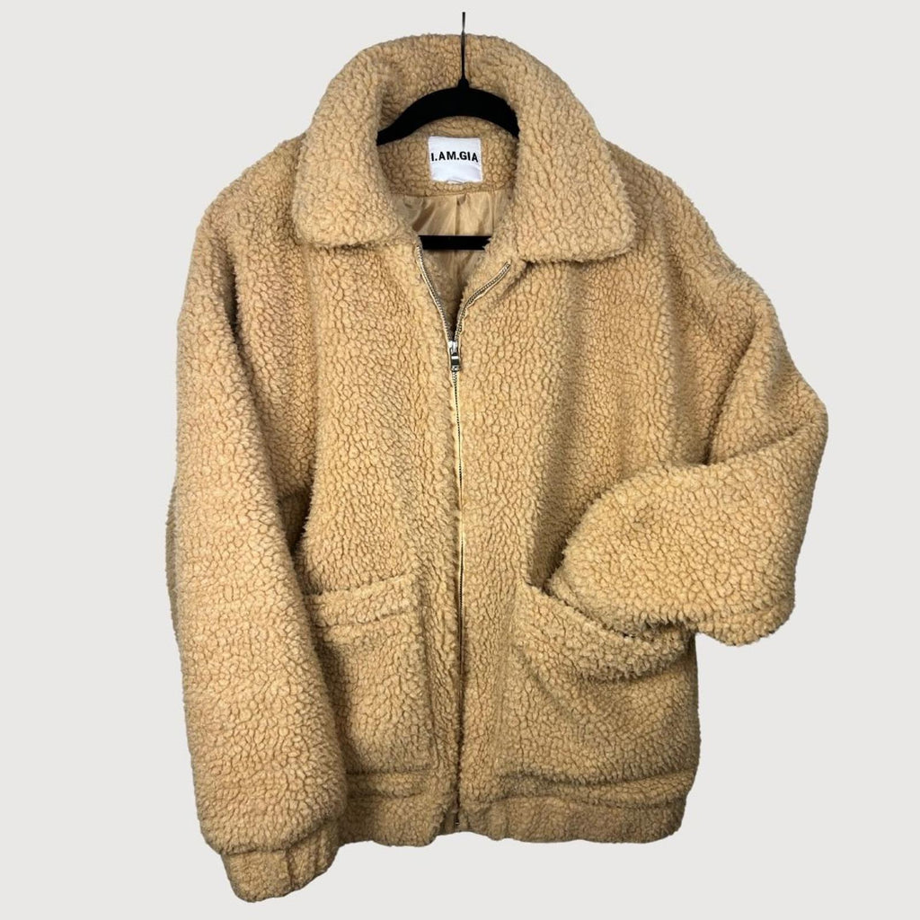 I AM GIA Teddy Sherpa Jacket Oversized Zip Up Pixie Coat Caramel XS