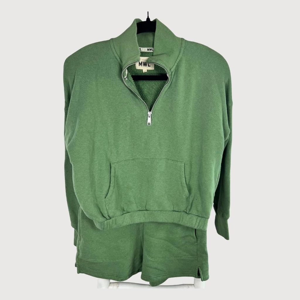 Madewell MWL Airyterry Quarter-Zip crop Sweatshirt & Short Set - Olive, Size S