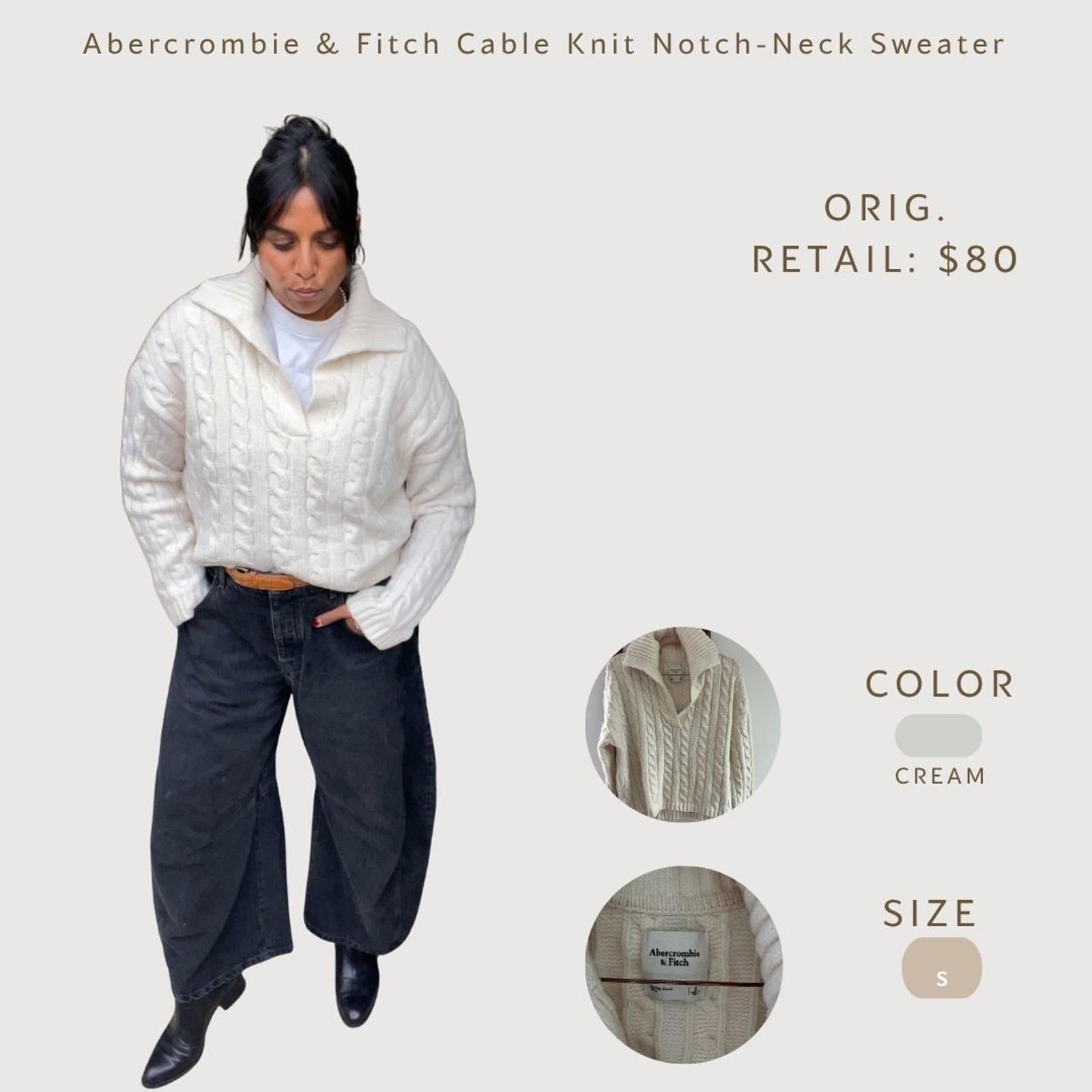 Abercrombie & Fitch Cable Knit Notch-Neck Sweater, Cream, Size S