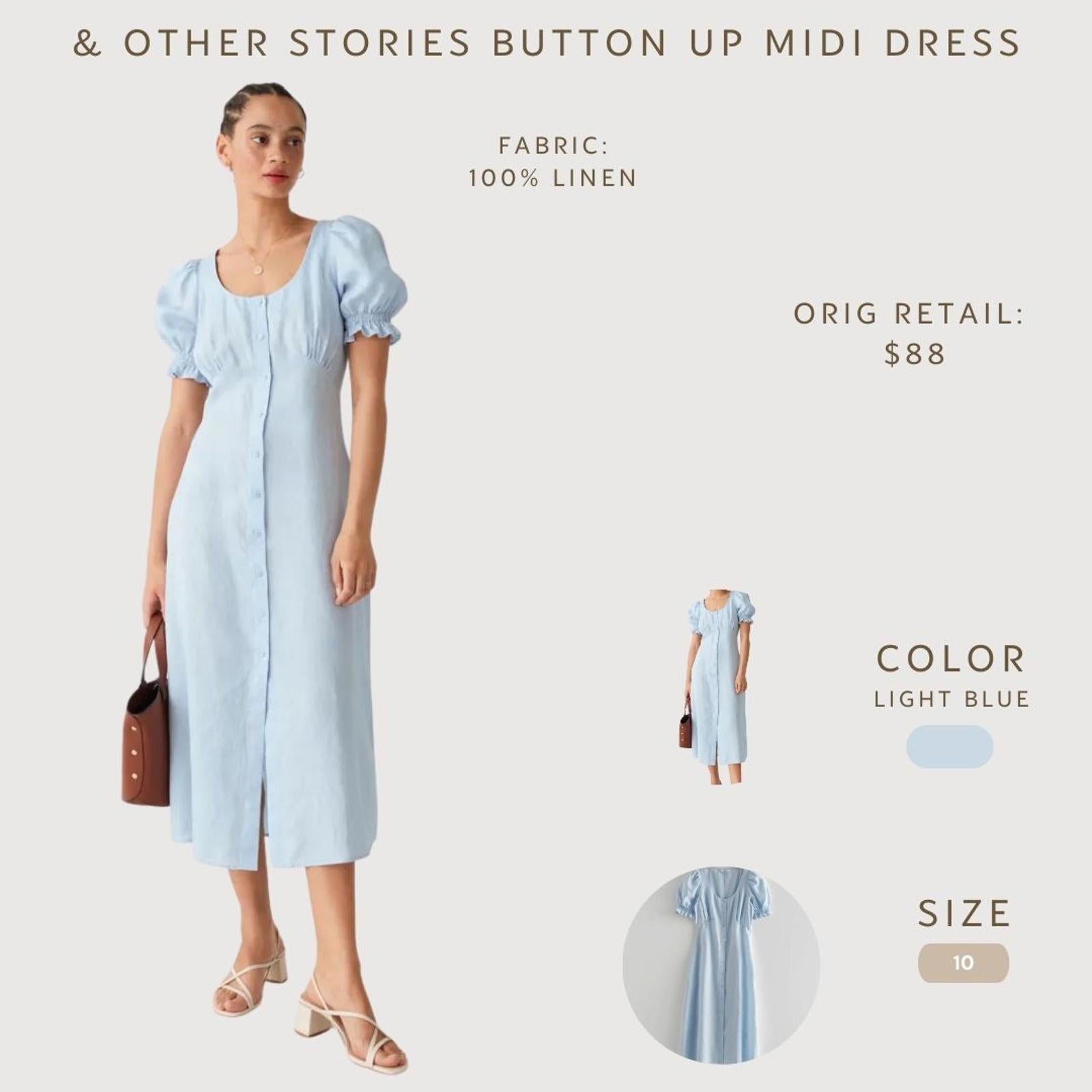 & Other Stories 100% Linen Button Up Midi Dress, Size 10