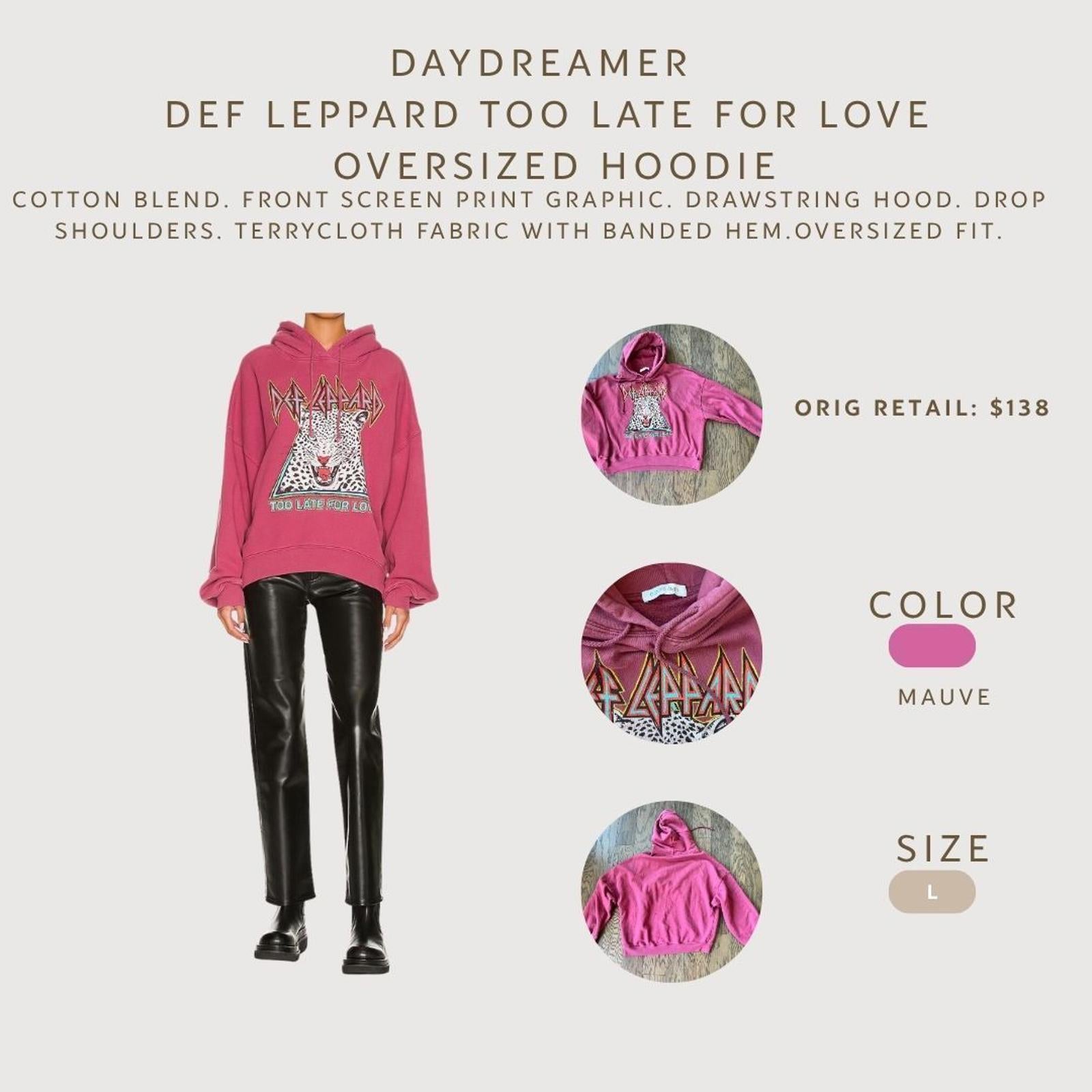 Revolve Daydreamer Def Leppard French Terry Oversized Hoodie Mauve Size L