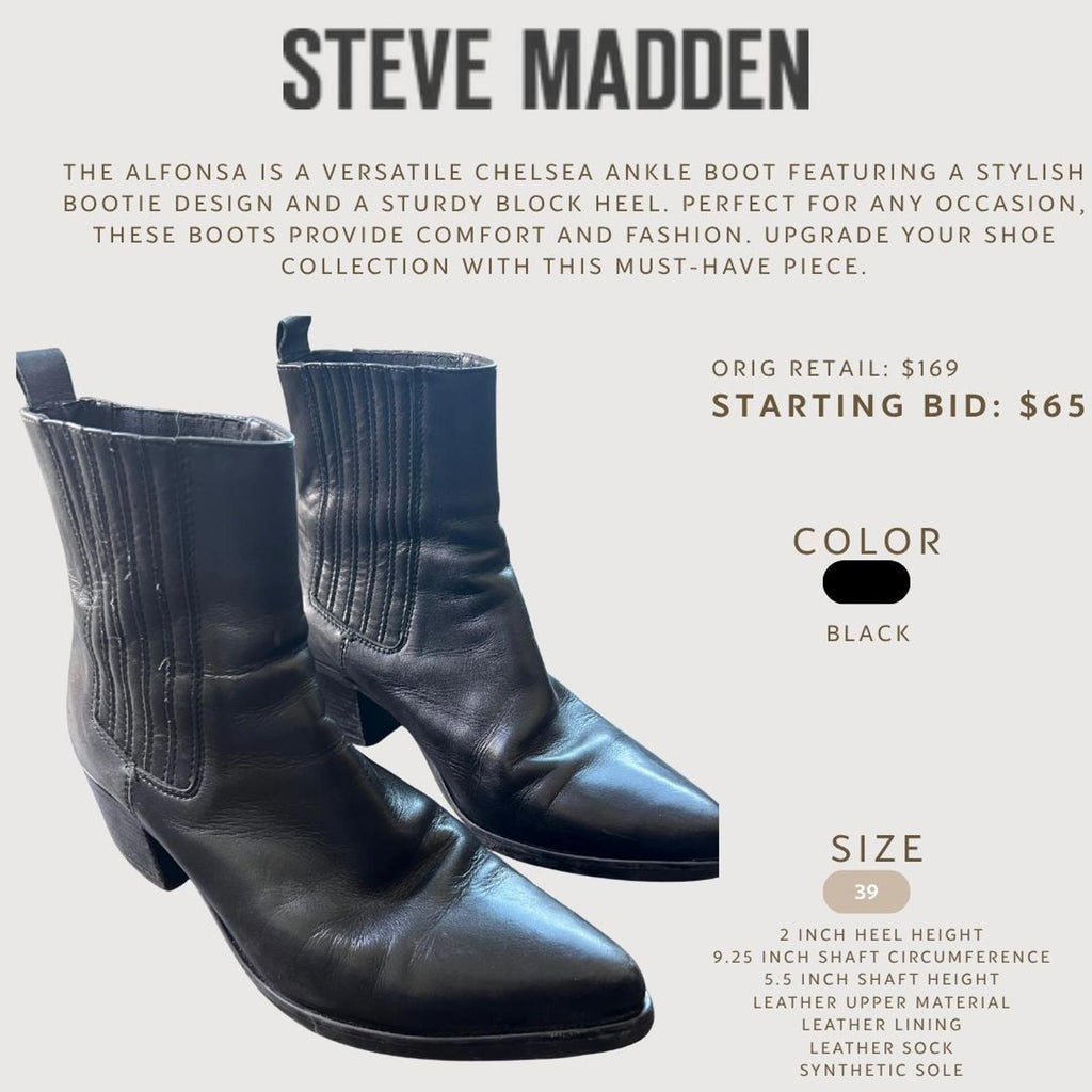 Steve Madden Alfonsa Black Leather Chelsea Ankle Boots, Size 39