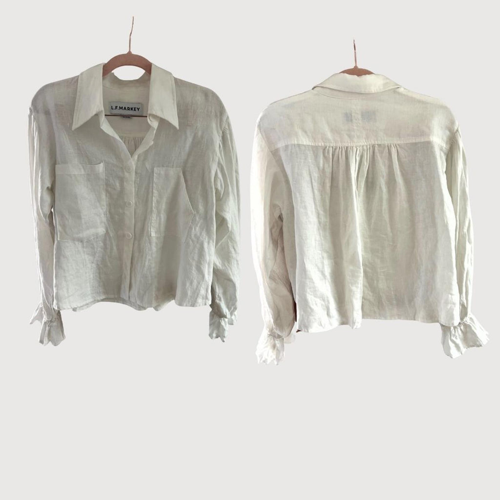 L.F. Markey Ruffle Sleeve Button Down Shirt 100% Linen Size 2 Cream