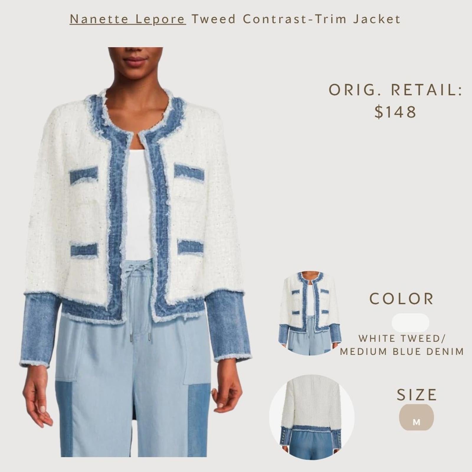 Nanette Lepore Tweed Contrast-Trim Jacket - White Tweed with Medium Blue Denim