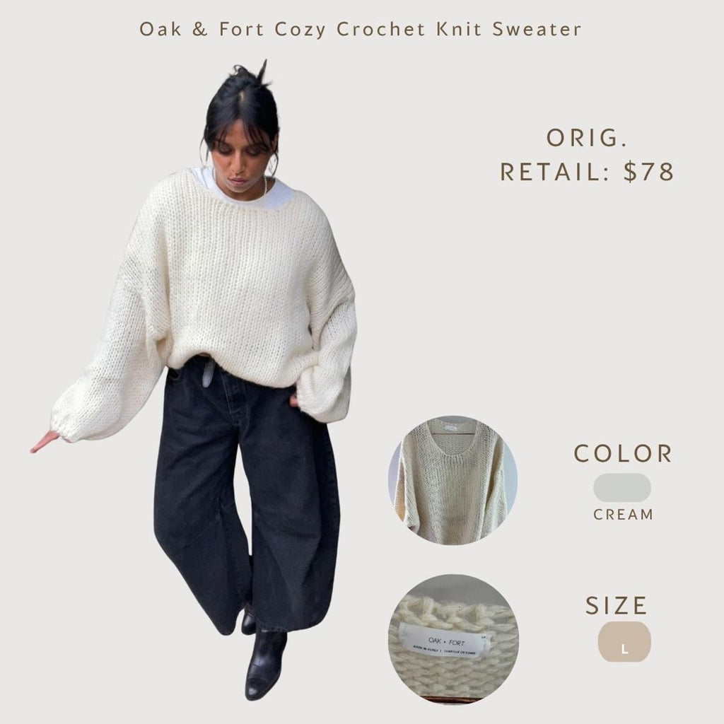 Oak & Fort Cozy Crochet Knit Sweater - Cream, Size L