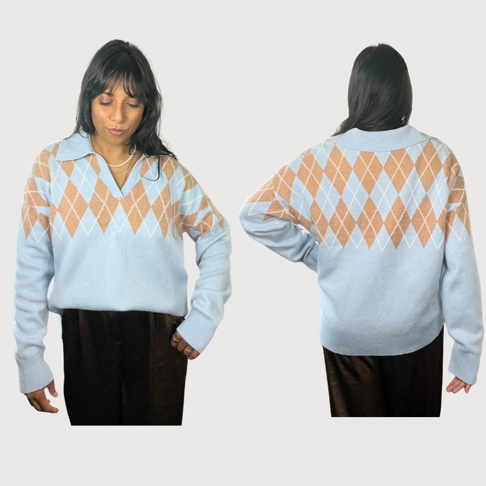 Cynthia Rowley Argyle Preppy V-Neck Sweater size XL