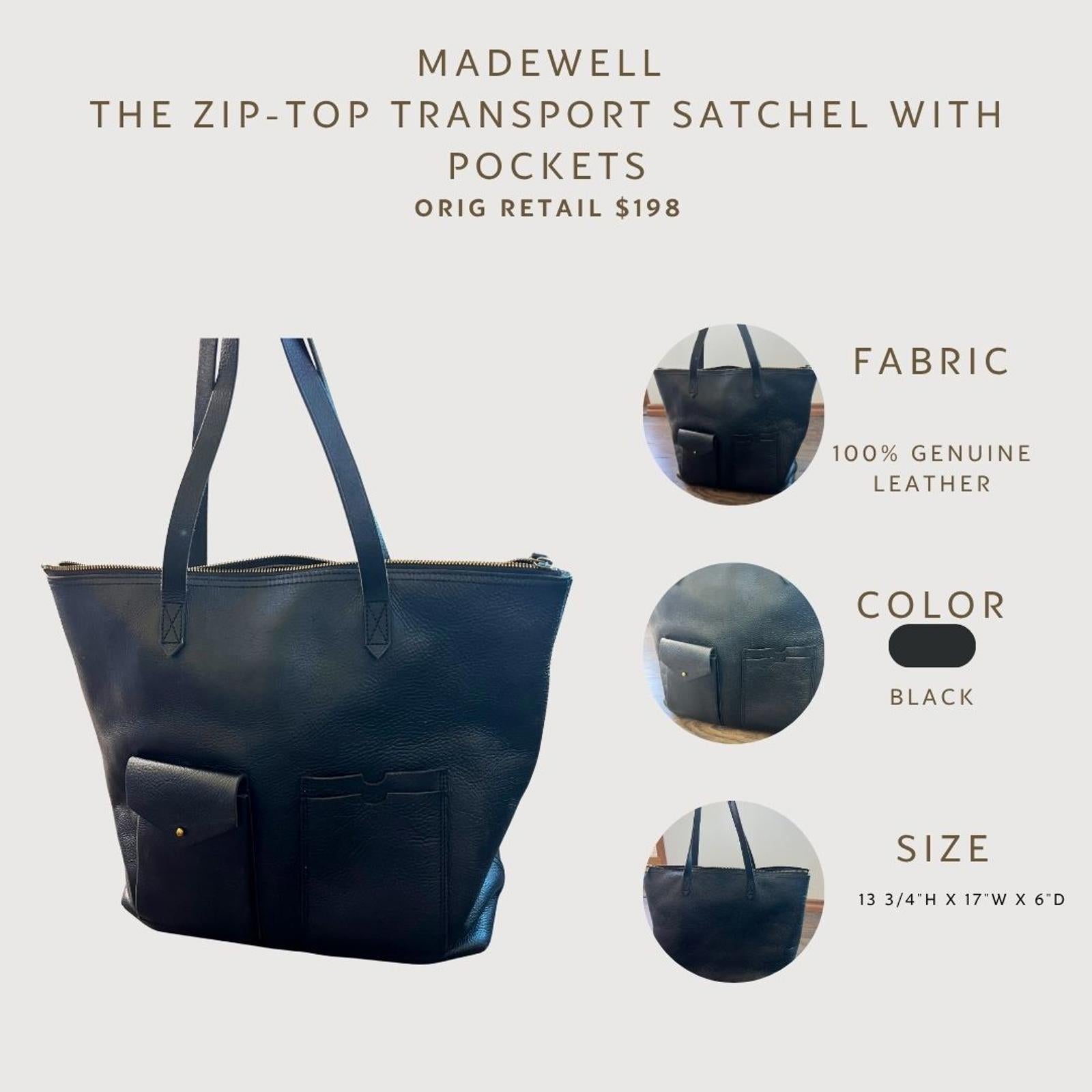 Madewell Zip-Top Transport Satchel with Pockets - Black Leather