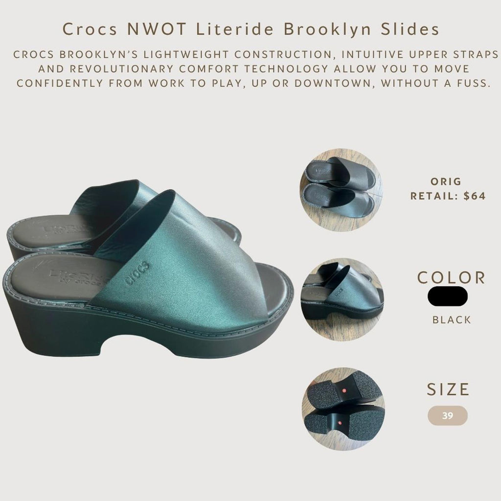 Crocs NWOT Literide Brooklyn Slides Women's Mules Clogs Black Size 39