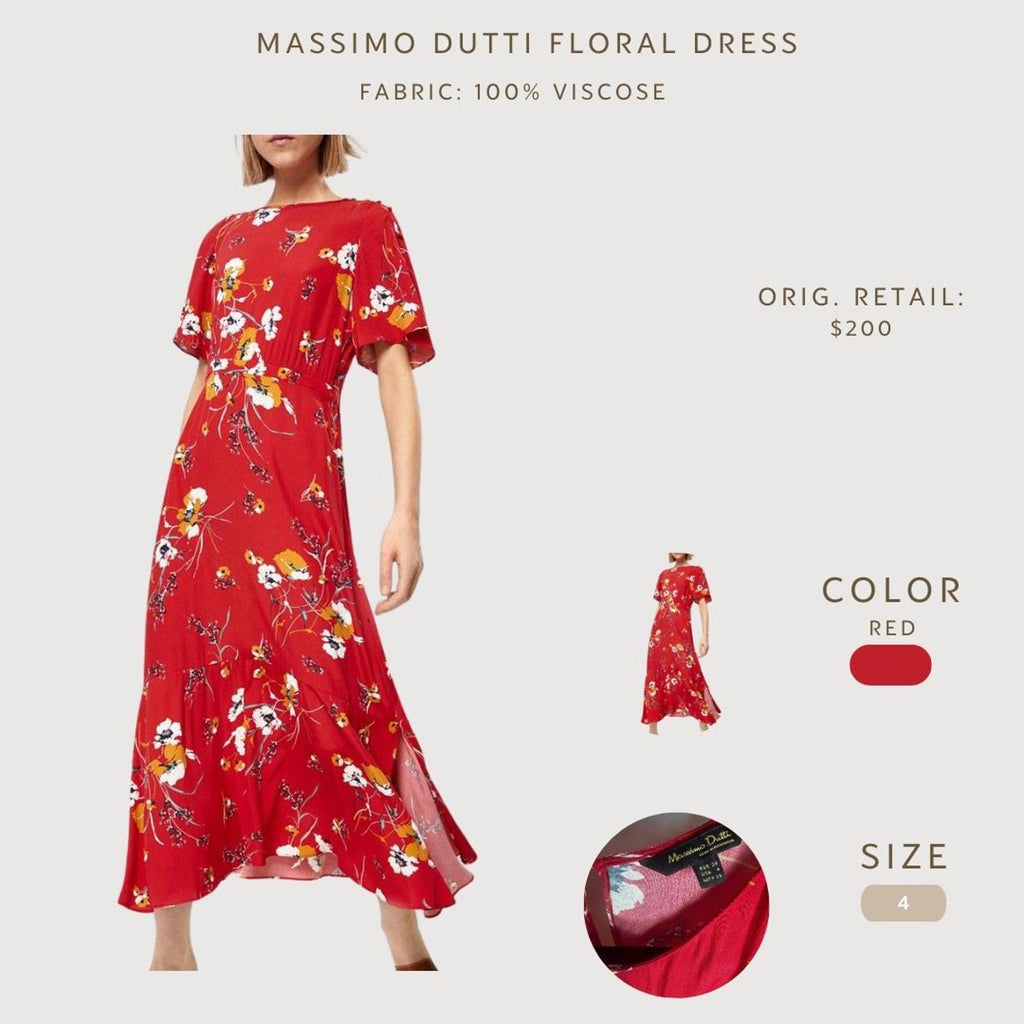 Massimo Dutti Red Floral Midi Dress Size 4