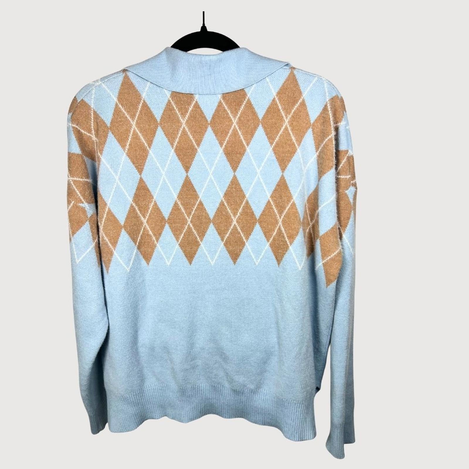 Cynthia Rowley Argyle Preppy V-Neck Sweater size XL