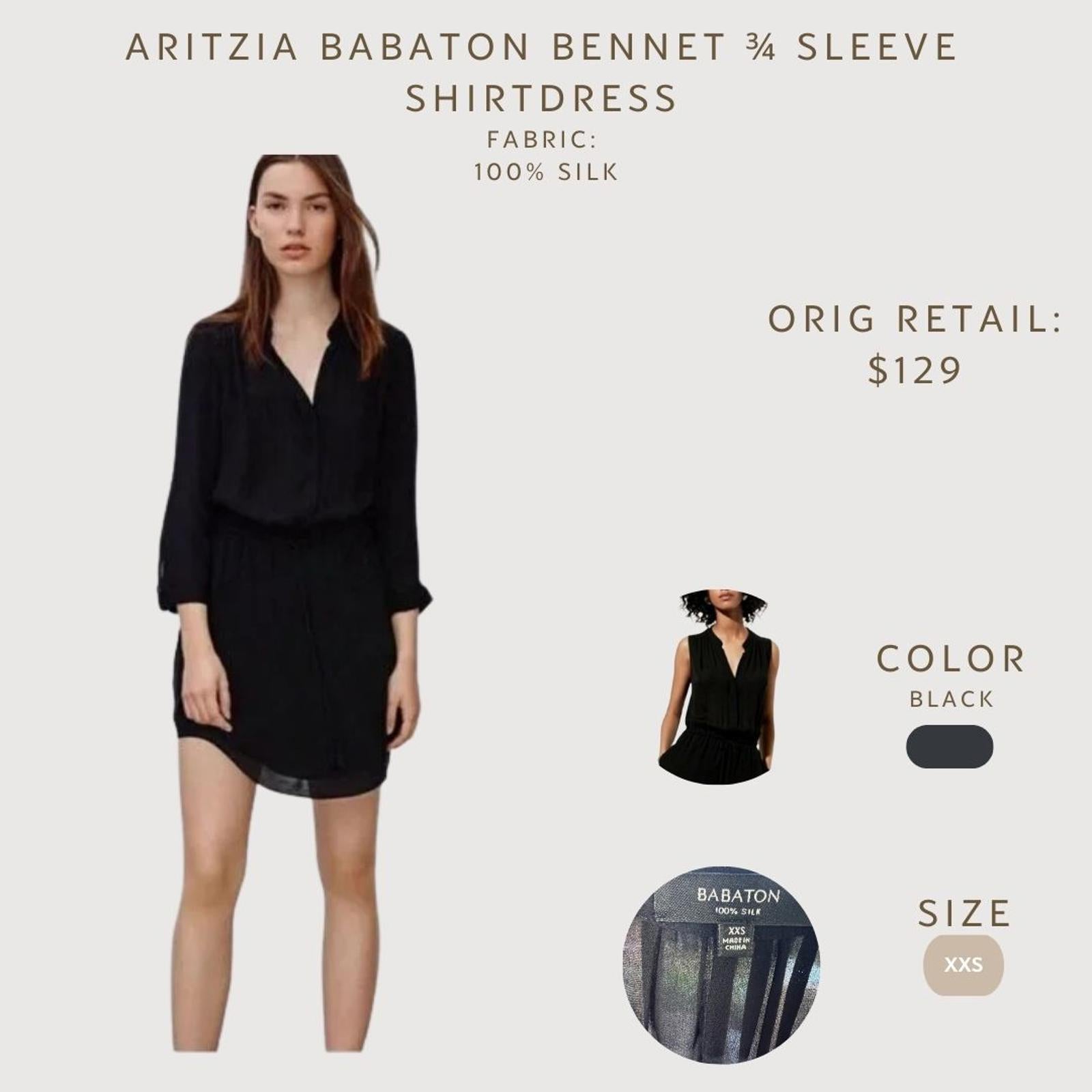 Aritzia Babaton Bennet 3/4 Sleeve Shirtdress Black 100% Silk XXS