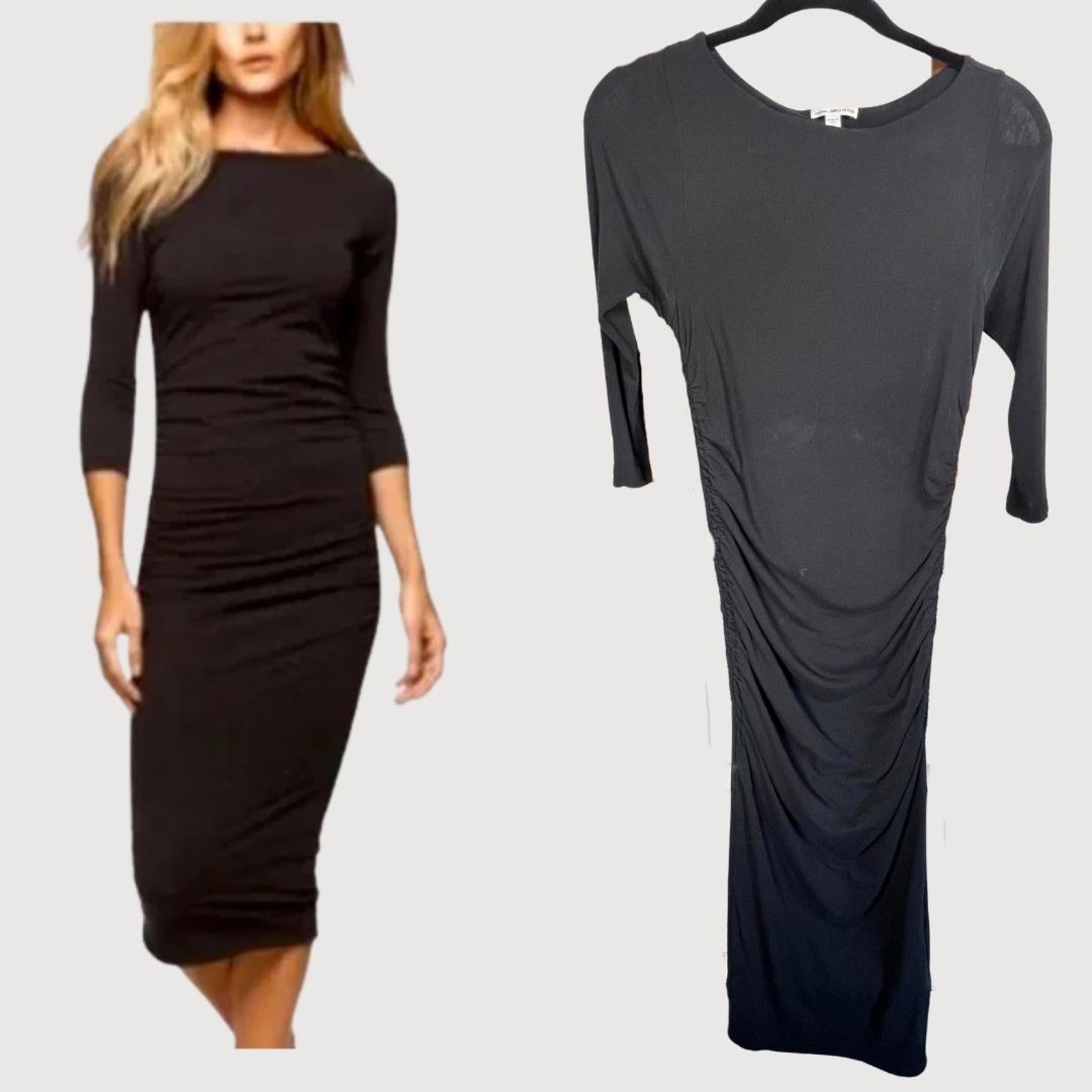 James Perse 3/4 Sleeve Ruched Black Midi Dress -Size 1- Quiet Luxury trend