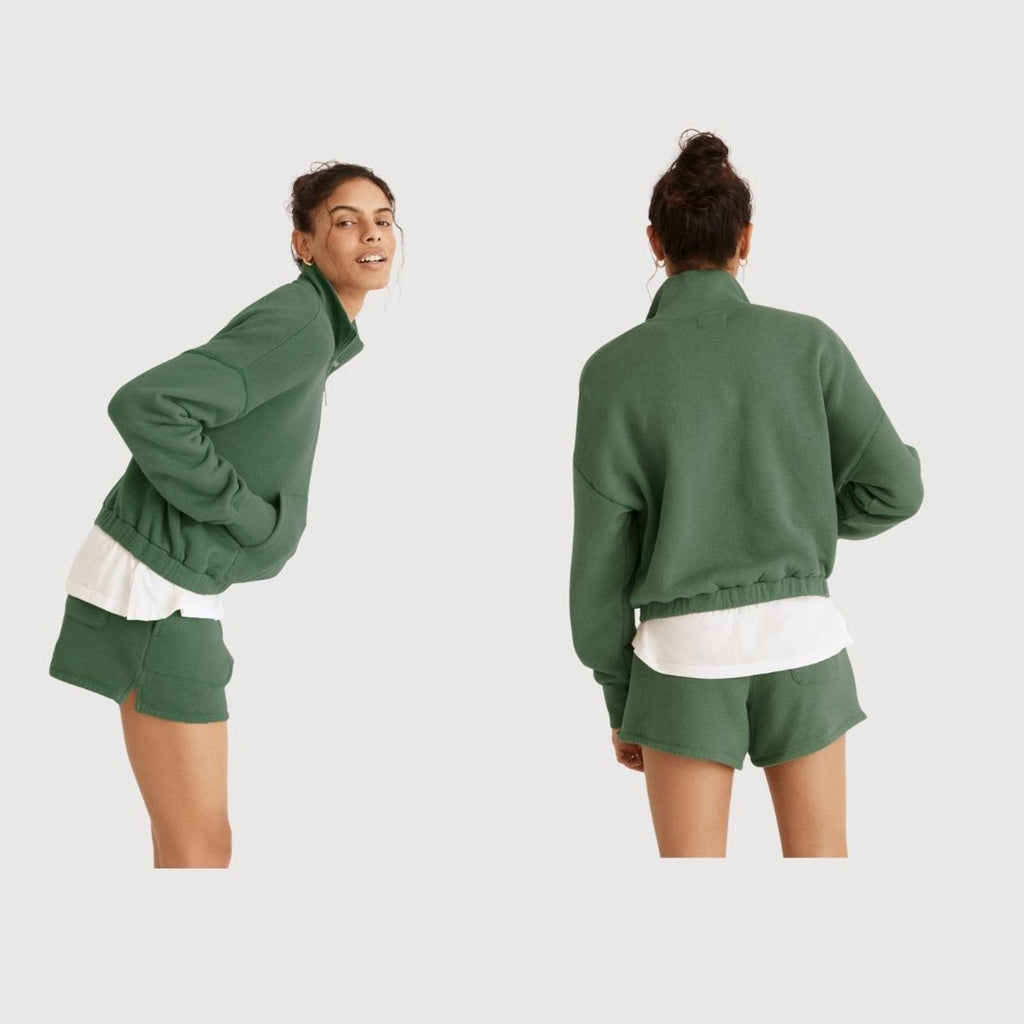 Madewell MWL Airyterry Quarter-Zip crop Sweatshirt & Short Set - Olive, Size S