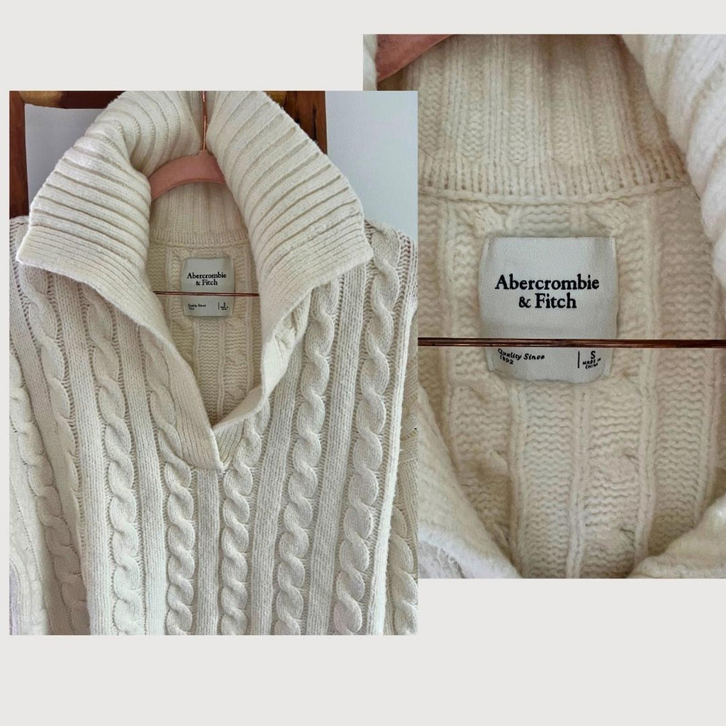Abercrombie & Fitch Cable Knit Notch-Neck Sweater, Cream, Size S