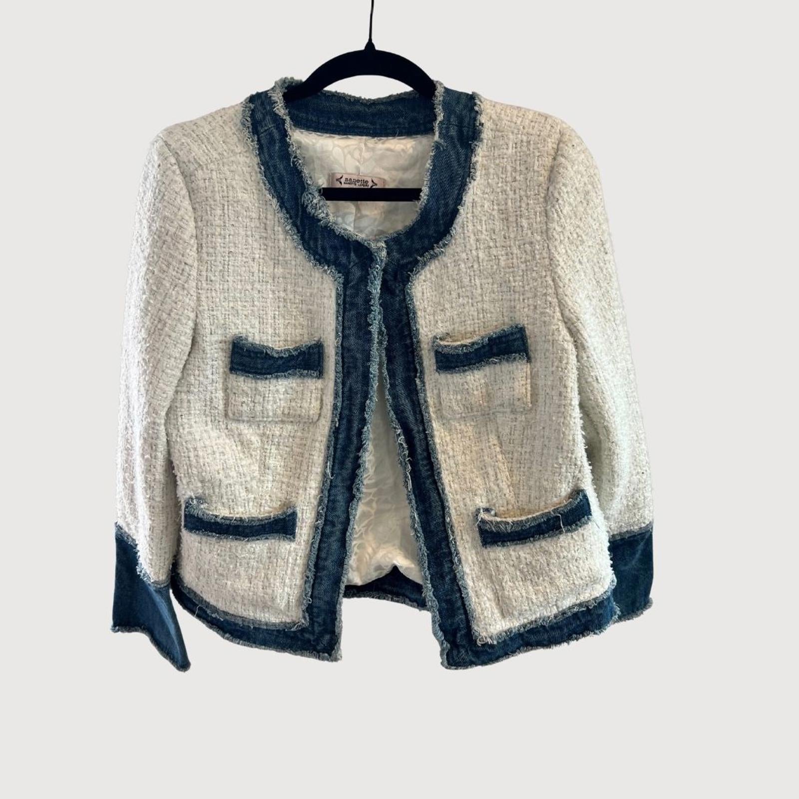 Nanette Lepore Tweed Contrast-Trim Jacket - White Tweed with Medium Blue Denim
