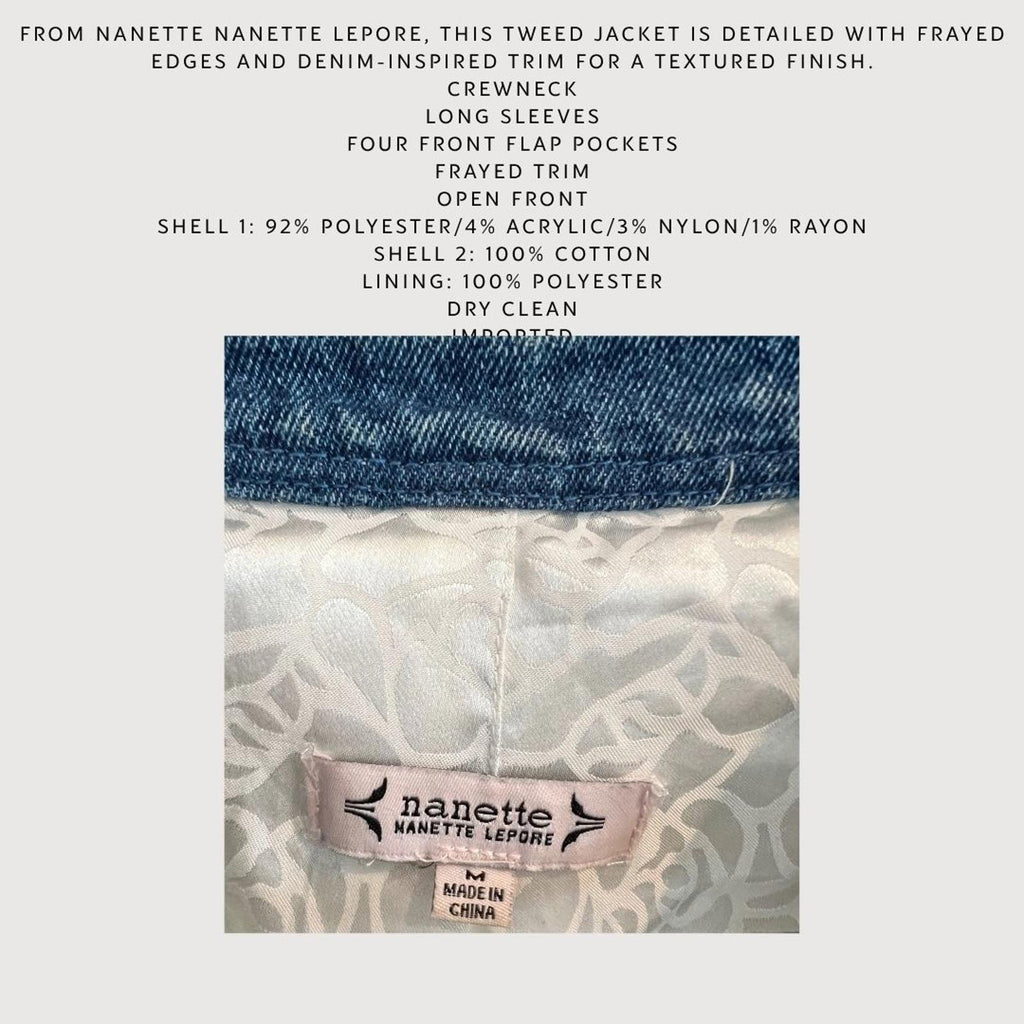 Nanette Lepore Tweed Contrast-Trim Jacket - White Tweed with Medium Blue Denim