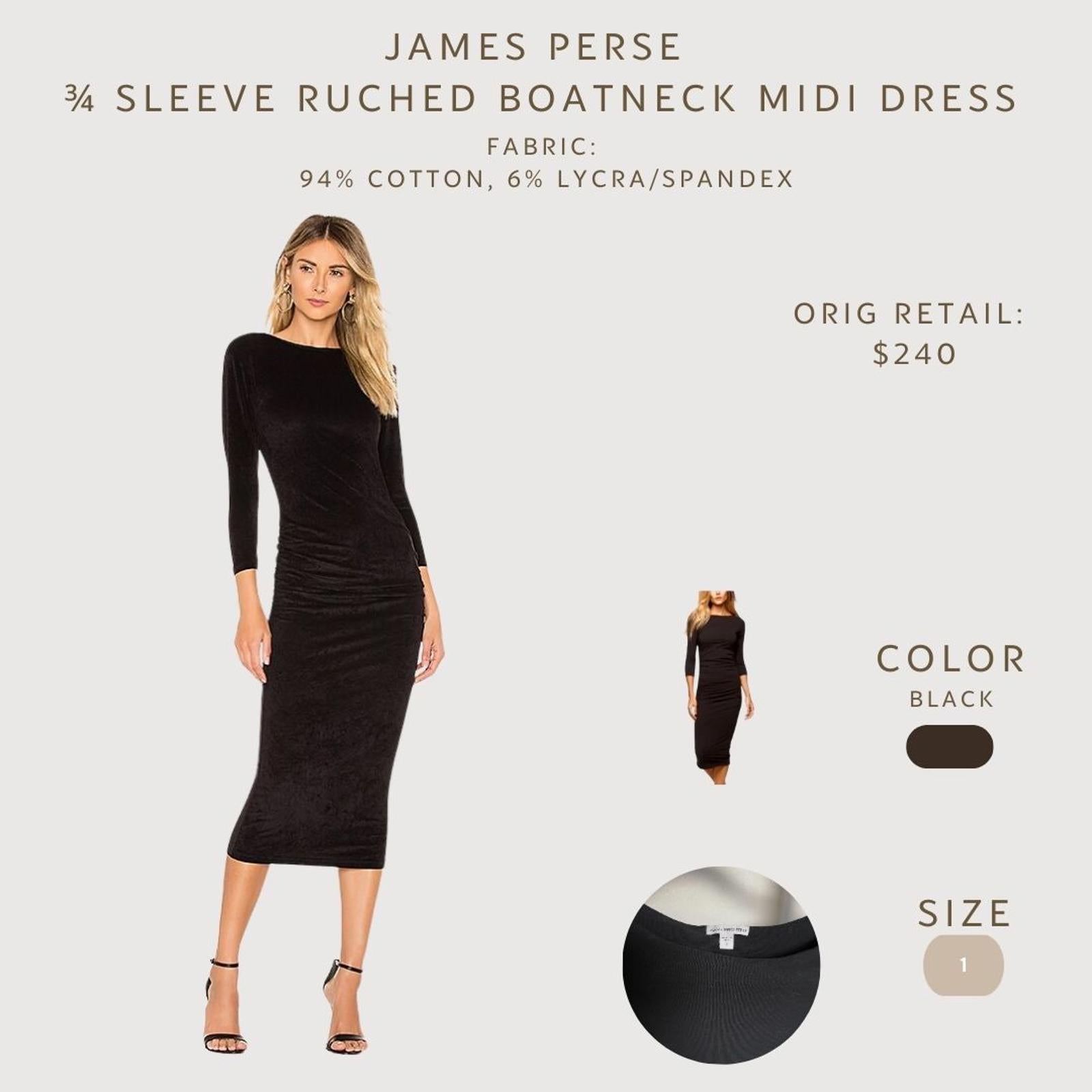 James Perse 3/4 Sleeve Ruched Black Midi Dress -Size 1- Quiet Luxury trend