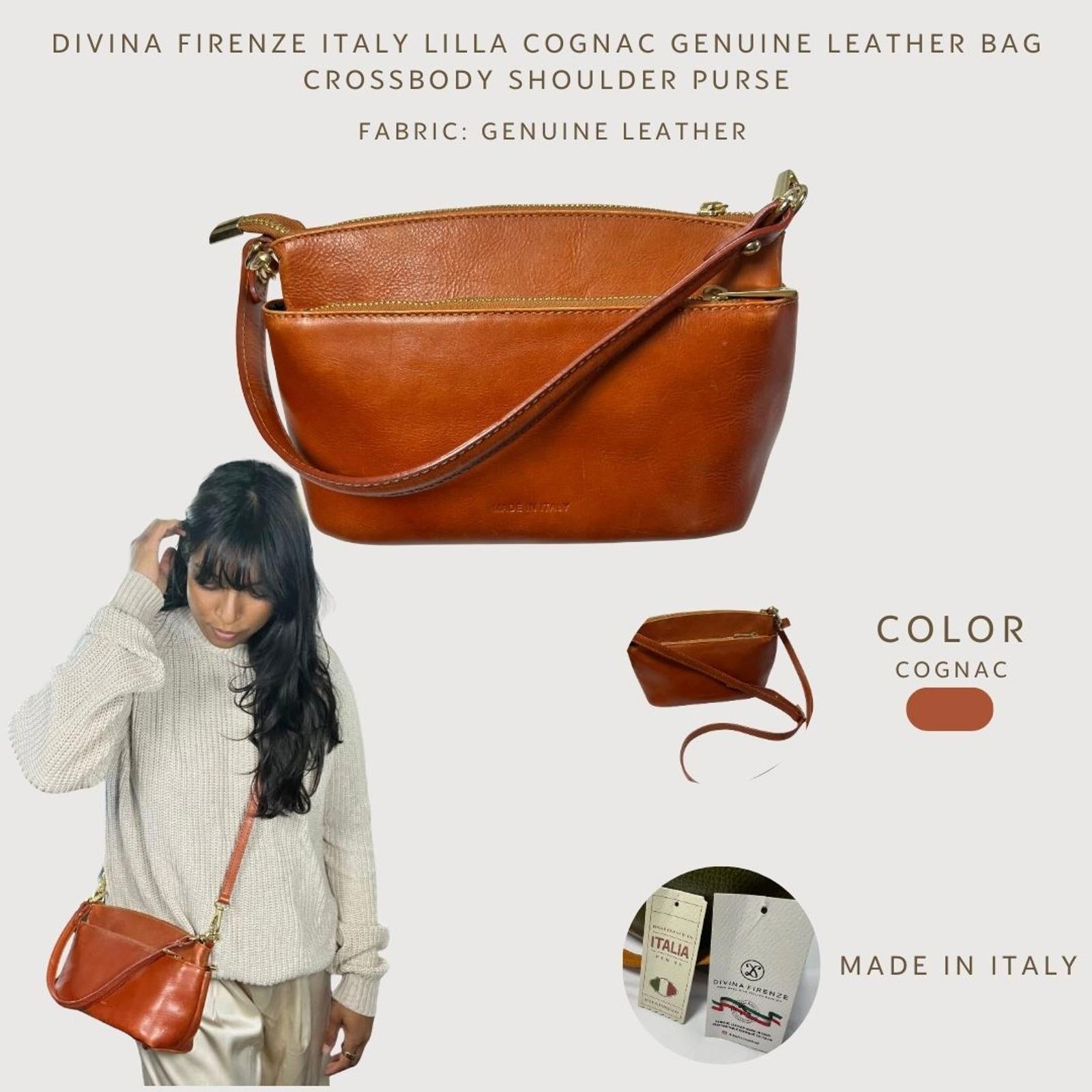 Divina Firenze Lilla Cognac Genuine Leather Crossbody Bag Made in Italy