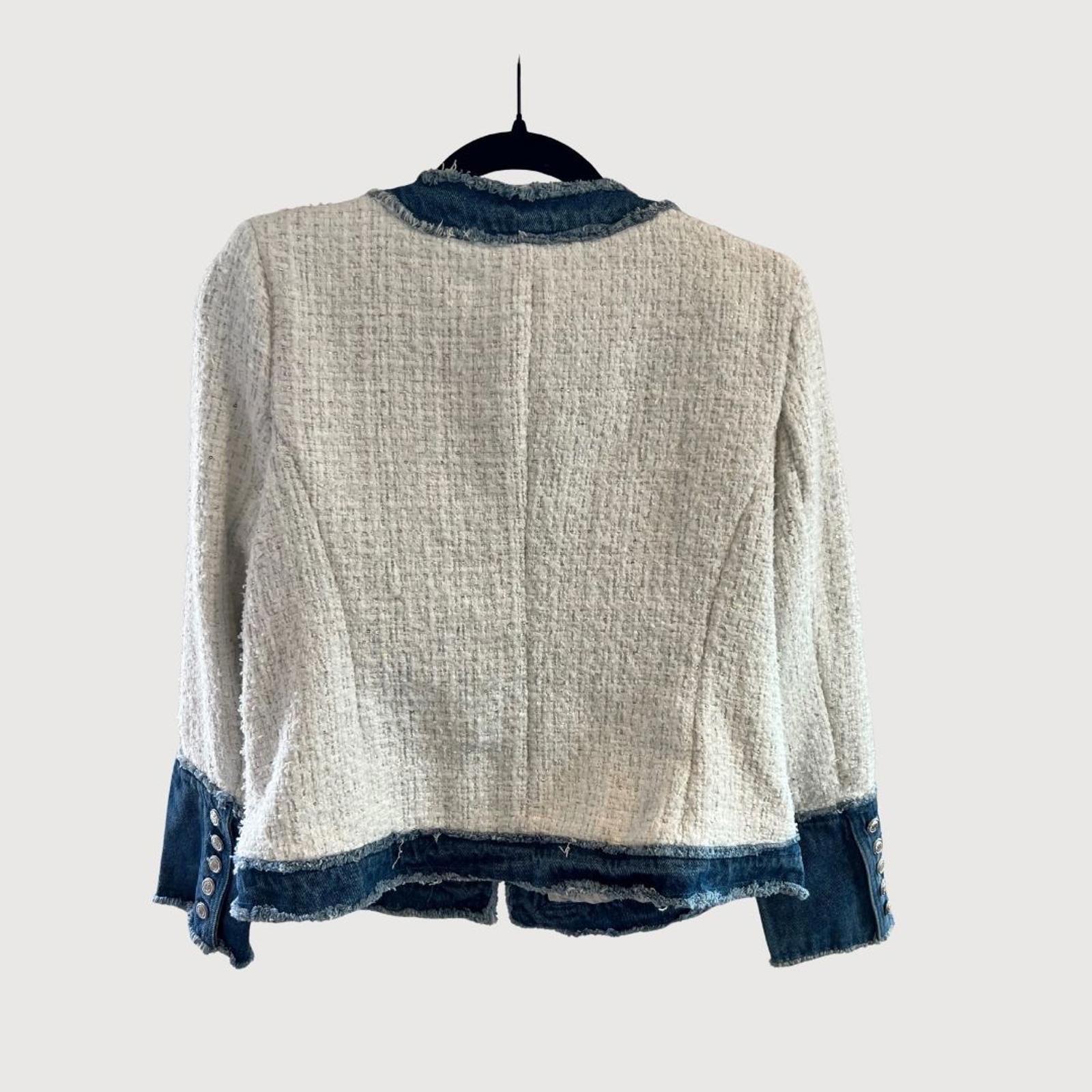 Nanette Lepore Tweed Contrast-Trim Jacket - White Tweed with Medium Blue Denim