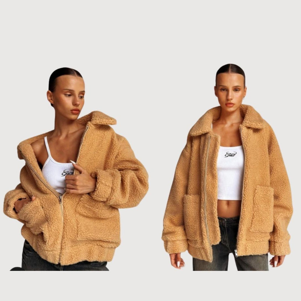 I AM GIA Teddy Sherpa Jacket Oversized Zip Up Pixie Coat Caramel XS