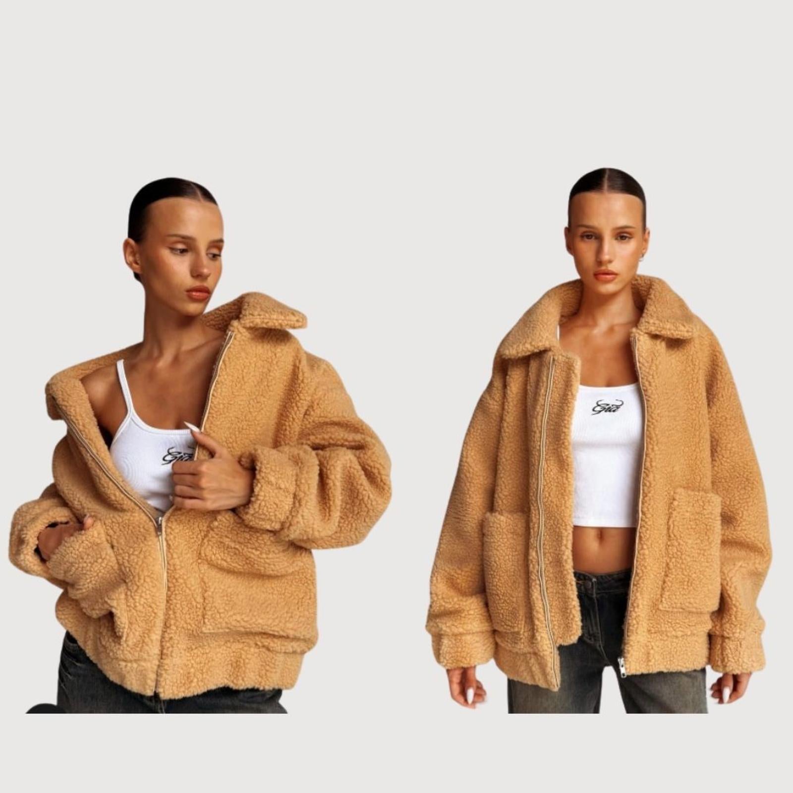 I AM GIA Teddy Sherpa Jacket Oversized Zip Up Pixie Coat Caramel XS