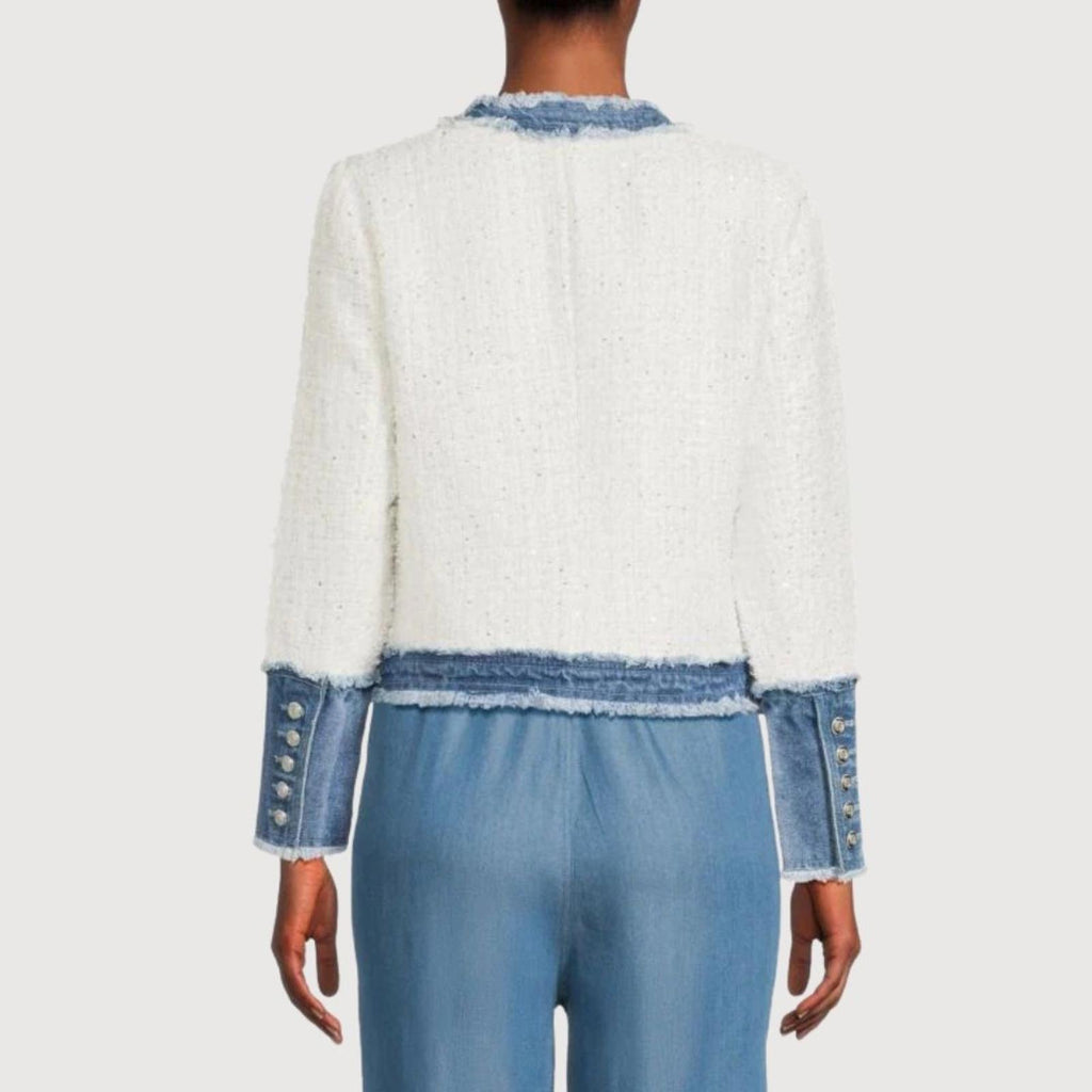 Nanette Lepore Tweed Contrast-Trim Jacket - White Tweed with Medium Blue Denim