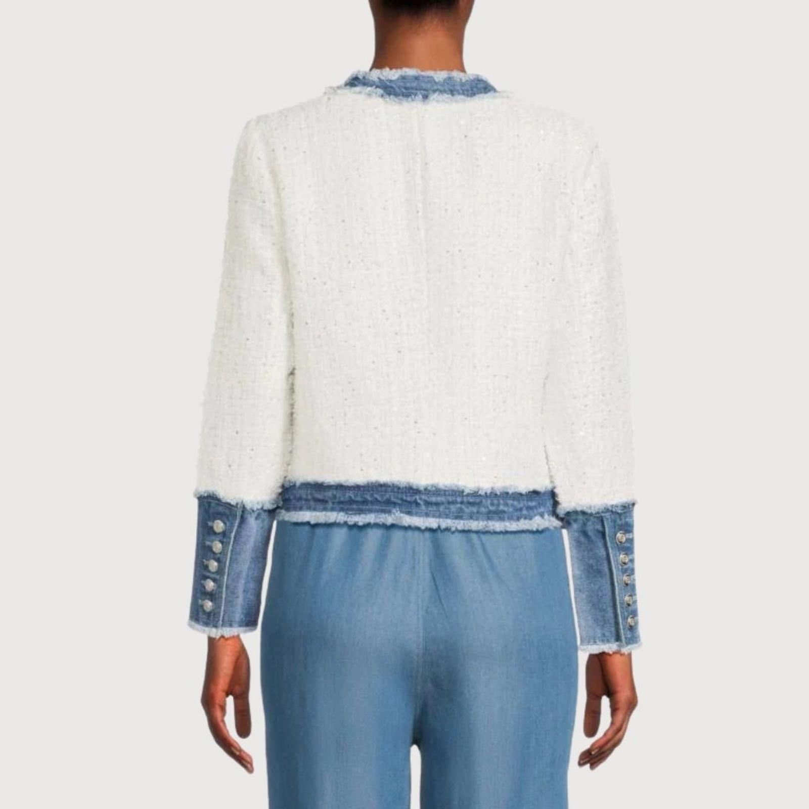 Nanette Lepore Tweed Contrast-Trim Jacket - White Tweed with Medium Blue Denim