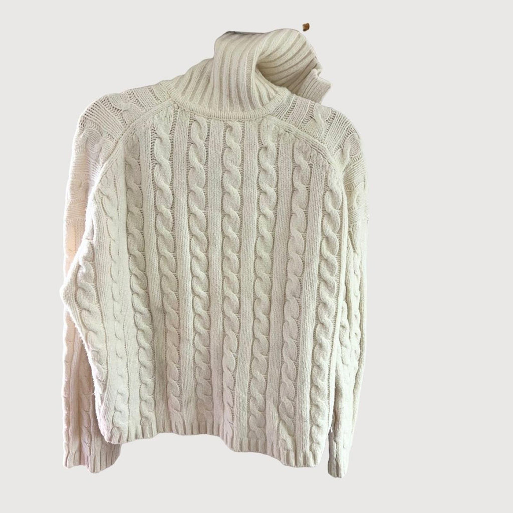 Abercrombie & Fitch Cable Knit Notch-Neck Sweater, Cream, Size S
