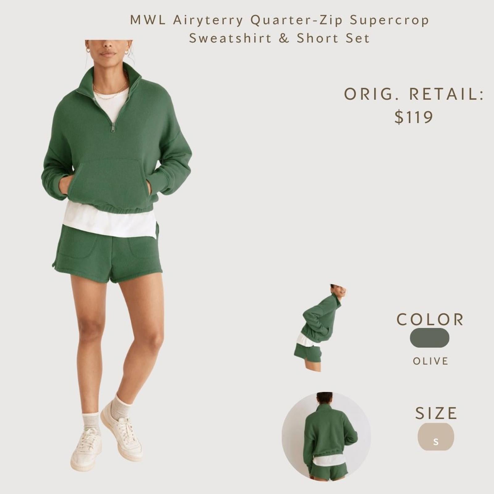 Madewell MWL Airyterry Quarter-Zip crop Sweatshirt & Short Set - Olive, Size S