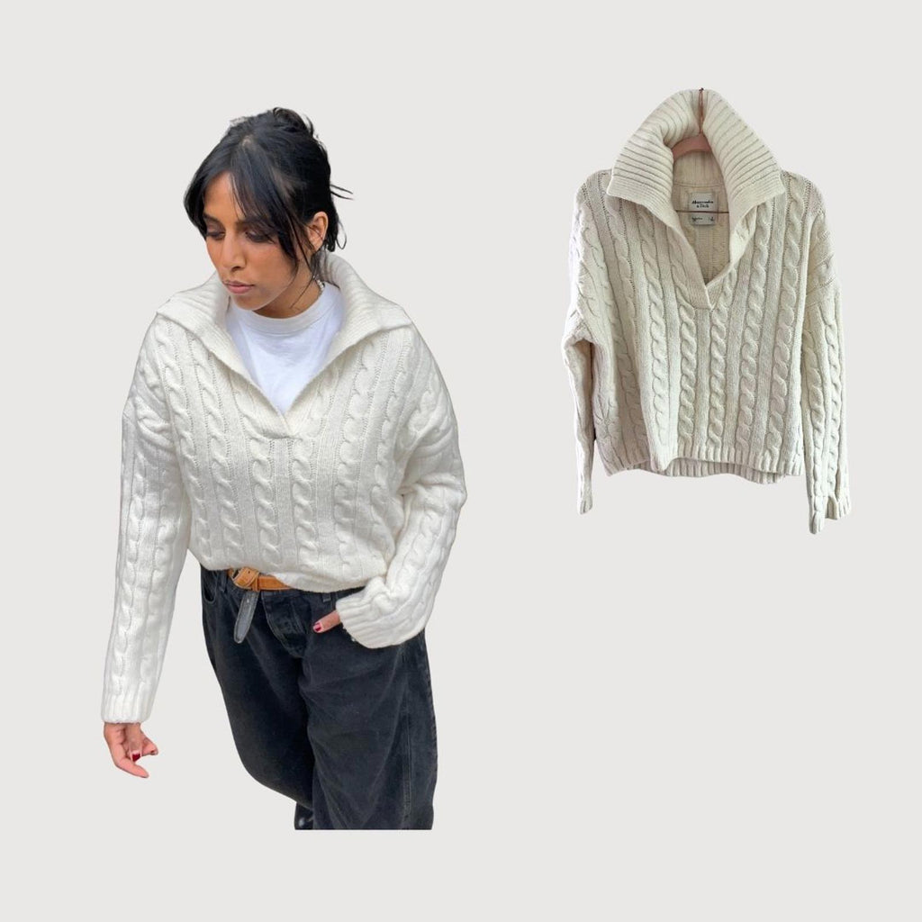 Abercrombie & Fitch Cable Knit Notch-Neck Sweater, Cream, Size S