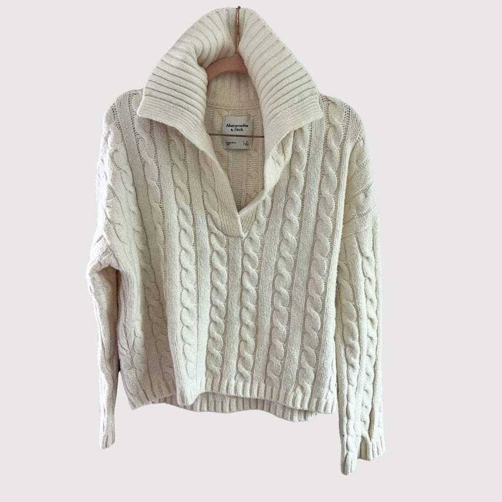 Abercrombie & Fitch Cable Knit Notch-Neck Sweater, Cream, Size S