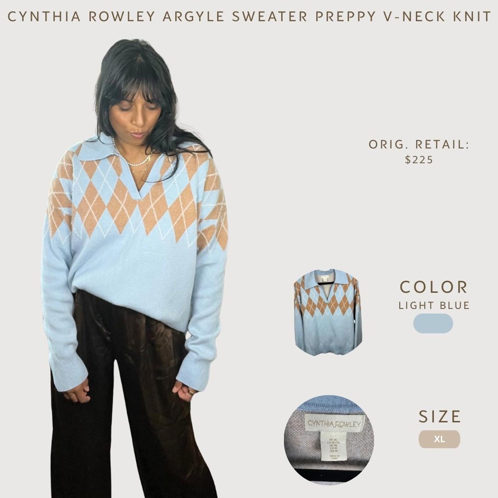 Cynthia Rowley Argyle Preppy V-Neck Sweater size XL