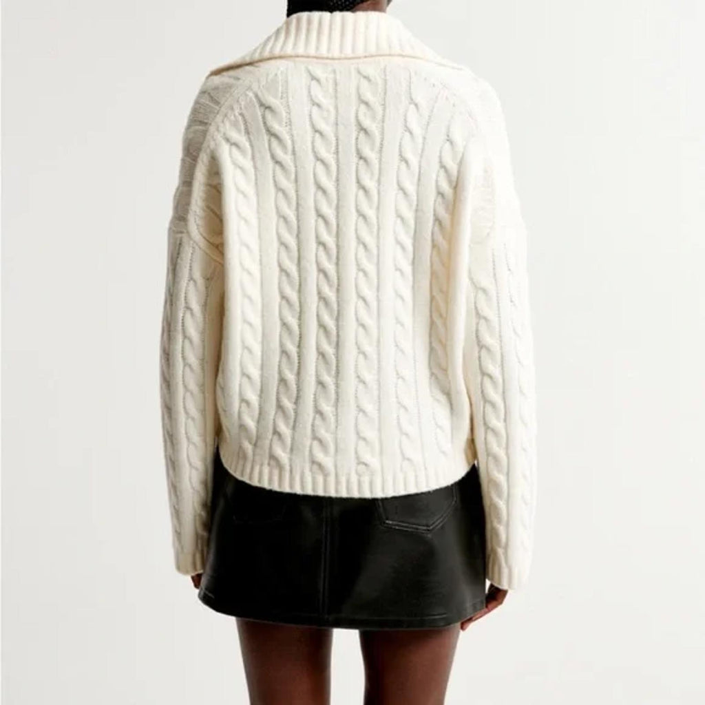 Abercrombie & Fitch Cable Knit Notch-Neck Sweater, Cream, Size S