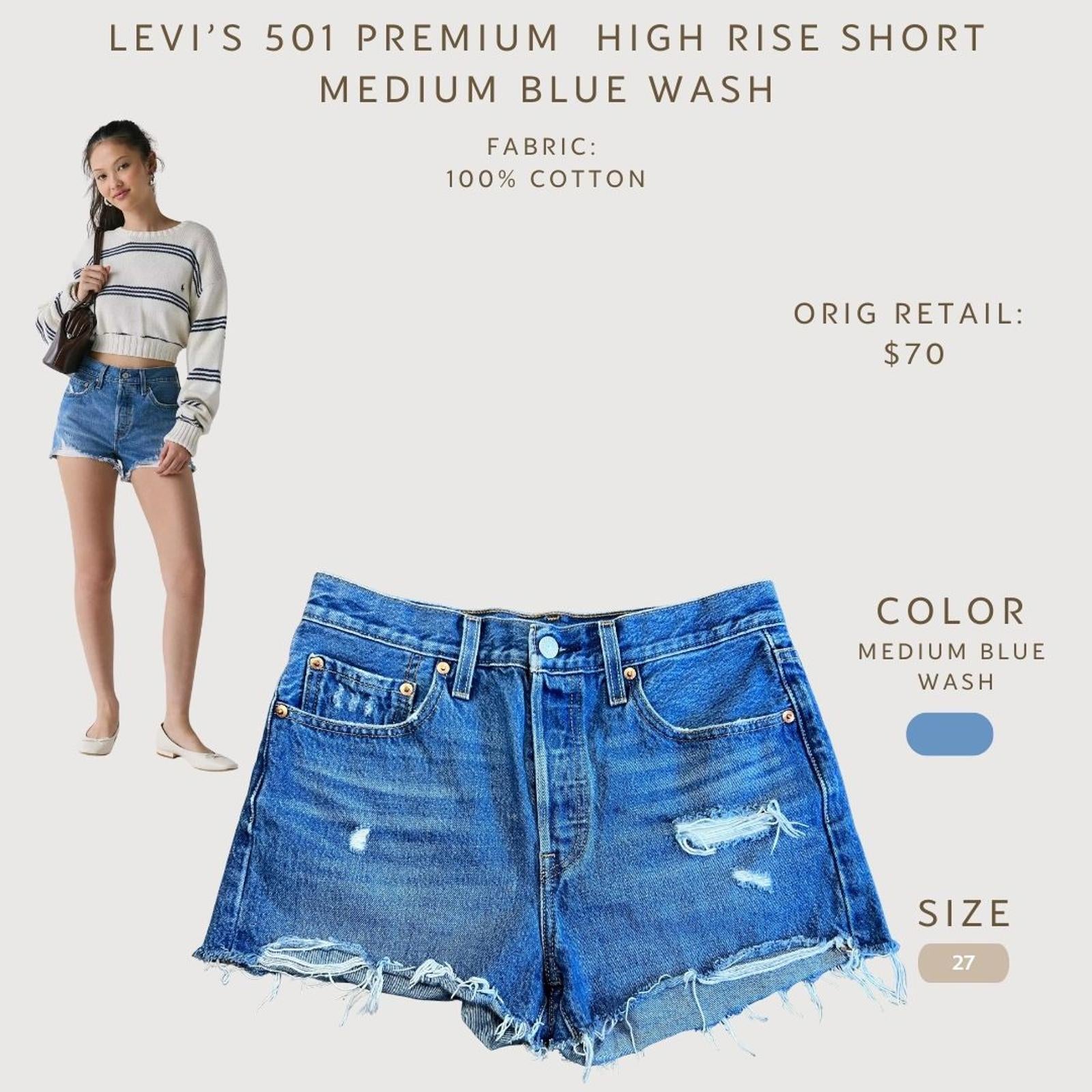 Levi's 501 Premium High Rise Medium Blue Wash Denim Shorts Size 27