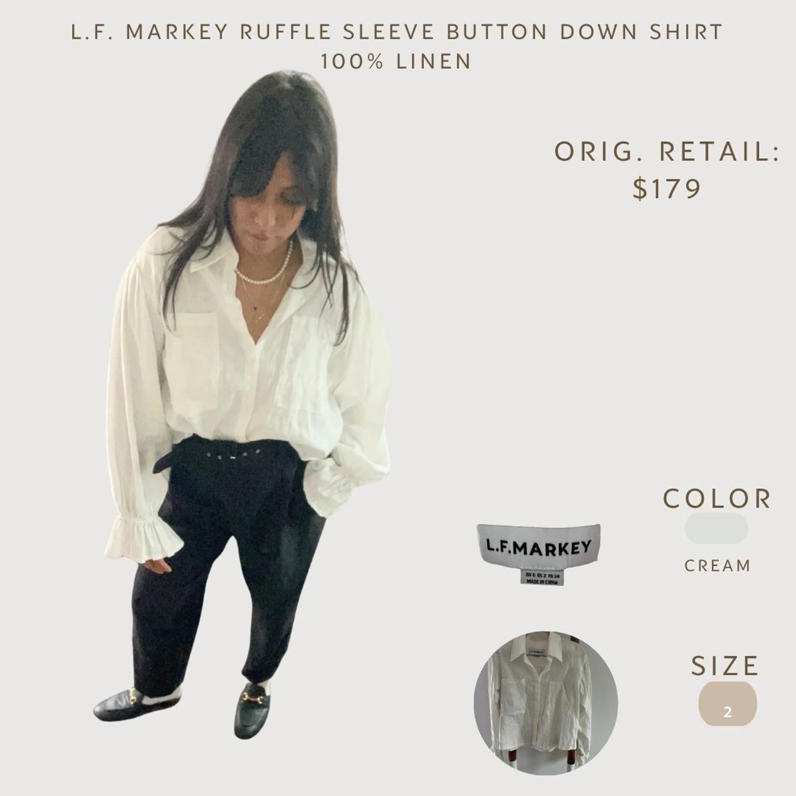 L.F. Markey Ruffle Sleeve Button Down Shirt 100% Linen Size 2 Cream